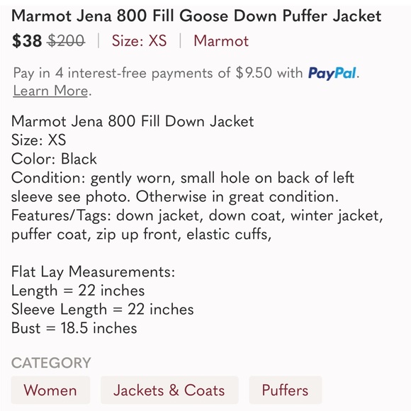 Marmot Jena 800 Fill Goose Down Puffer Jacket XS - Picture 10 of 10